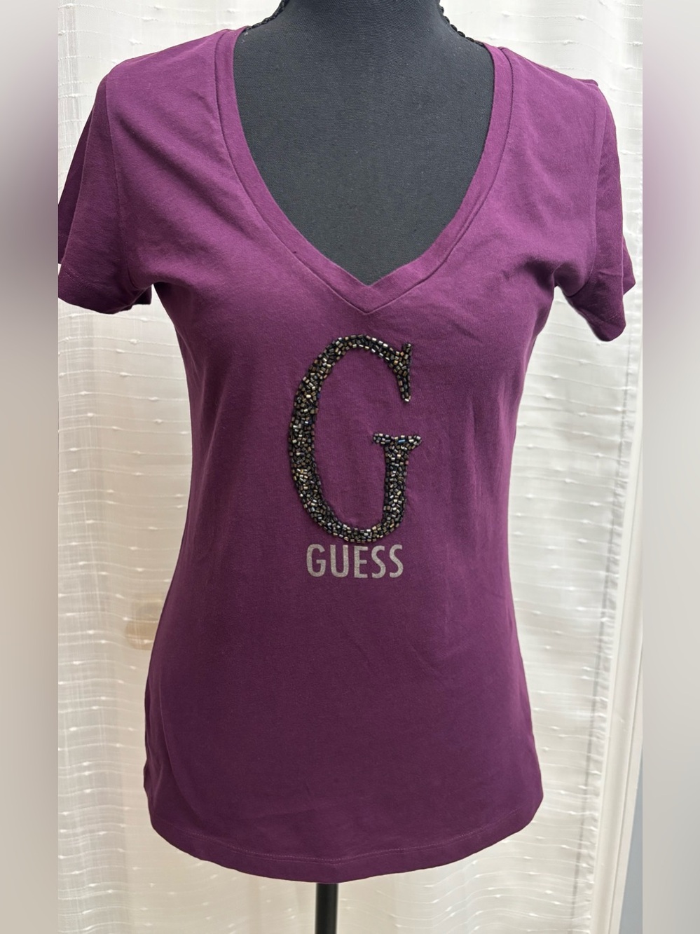 GUESS Plum V-Neck Tee with Embellished G